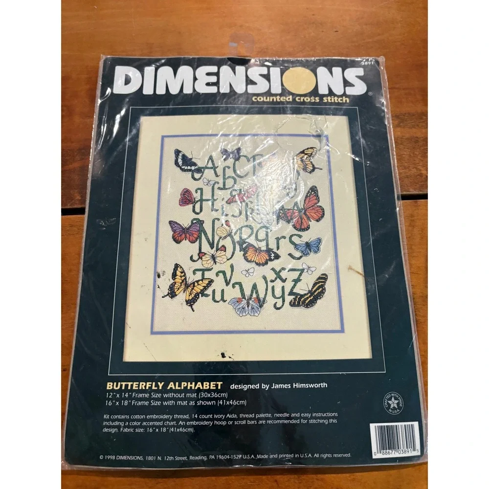 Dimensions Counted Cross Stitch Kit Butterfly Alphabet 3891 Ivory Vintage 1998 *